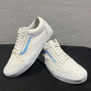 🔥 VANS Old Skool White Leather Holo Ice Blue Silver Skate Sneakers Women Sz 8.5